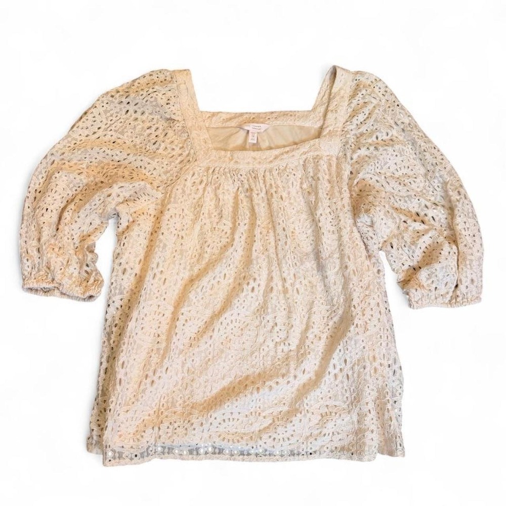 Cream Eyelet Lace Square Neck Balloon Sleeve Blouse Top Plus Size 1X Bohemian